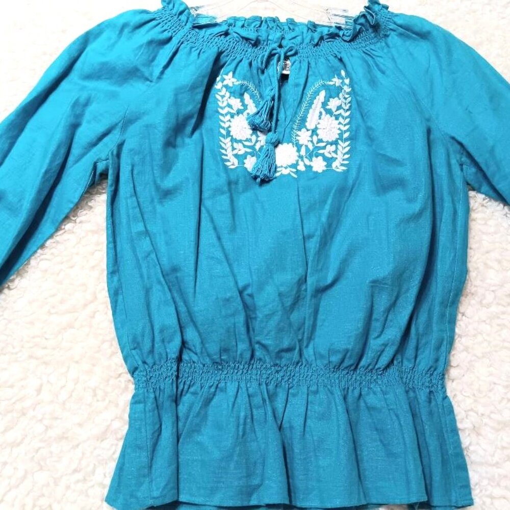 NWOT Boho Hippie Peasant Blouse Turquoise Embroidered Linen Sz M - Christmas!